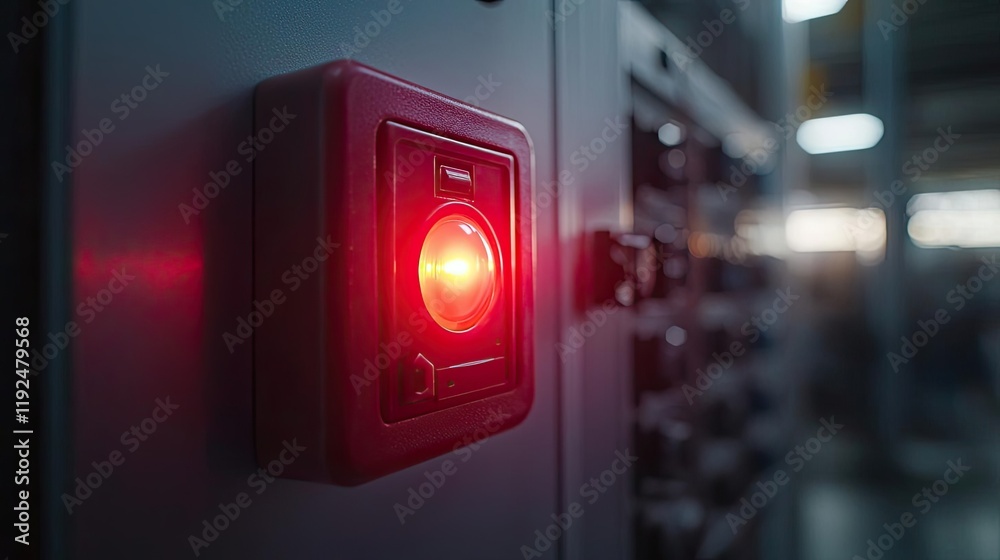 Poster fire alarm idea. close-up of a red emergency button in an industrial environment, indicating alert s