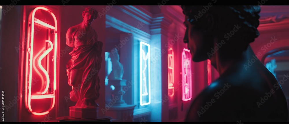 Poster neon symbols illuminate statues in an artistic urban gallery setting