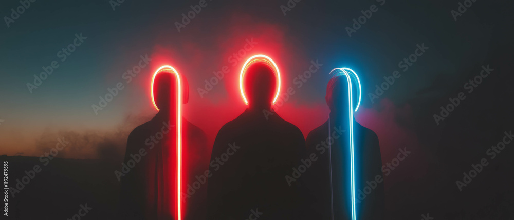 Poster Neon tubes creating abstract statue shapes with minimalist art design at dusk