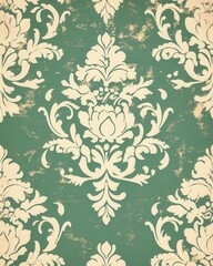 Vintage Damask Pattern with Distressed Texture on Green Background