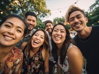 Diversity Friends enjoying party having fun at vineyard place during sunset at open air picnic.good time during a party