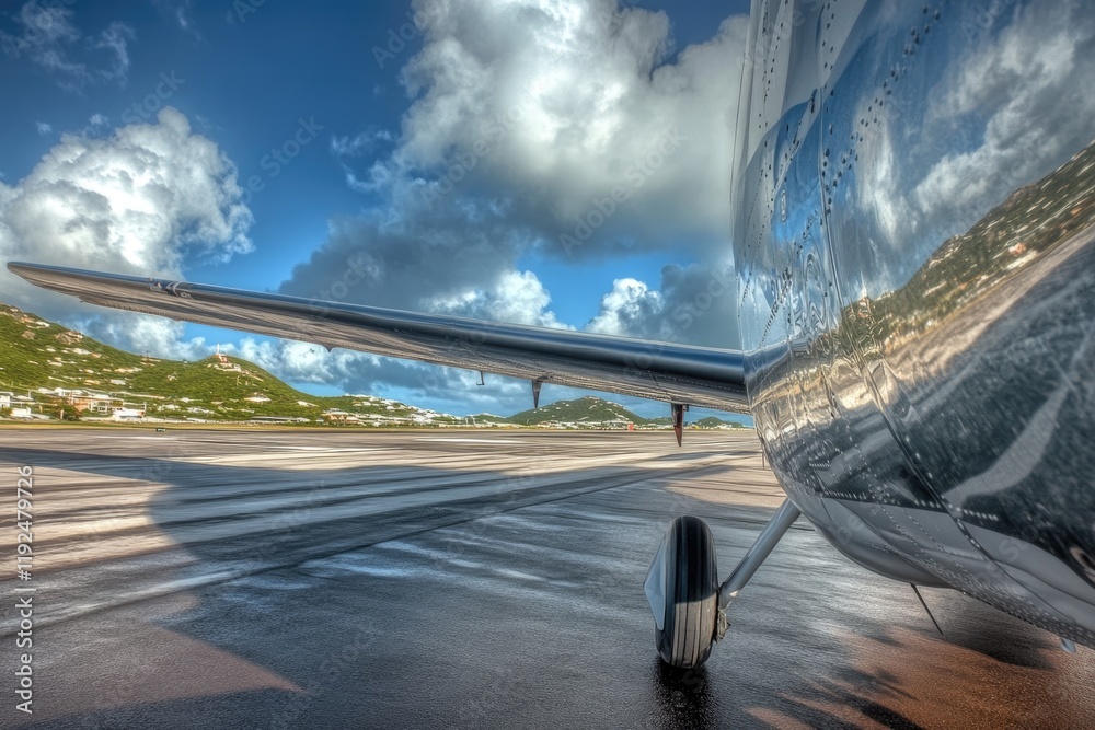 Poster a close-up shot of an airplane on the runway, ready for takeoff