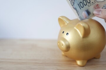金色の豚の貯金箱と千円札。