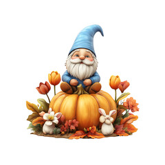 Autumn Gnome on Pumpkin with Bunnies and Flowers