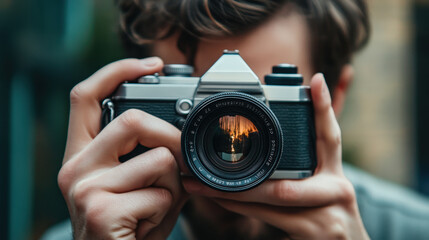 Capturing moment with vintage camera, man focuses on photography. scene reflects creativity and passion for capturing memories