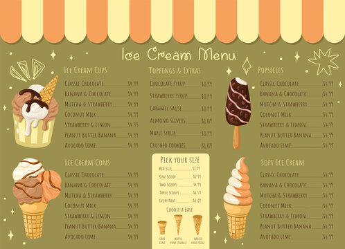 Editable Ice Cream Menu template with pricing section. Vector illustration.