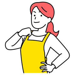 胸を張るエプロン姿の女性