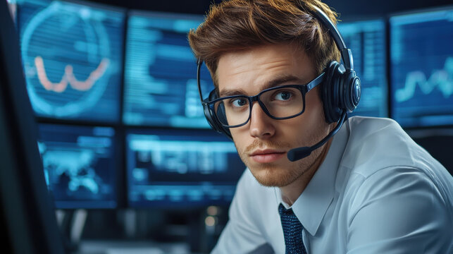 Professional man with headset in front of multiple screens, focused on data analysis and communication