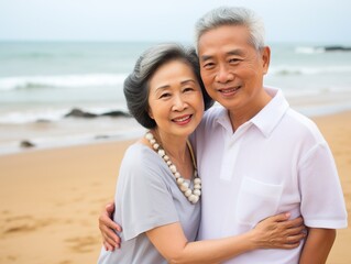 Fototapeta premium happy asian seniors couple in beach senior man and woman old retired couple relaxing by the Asia sea on sunny day.