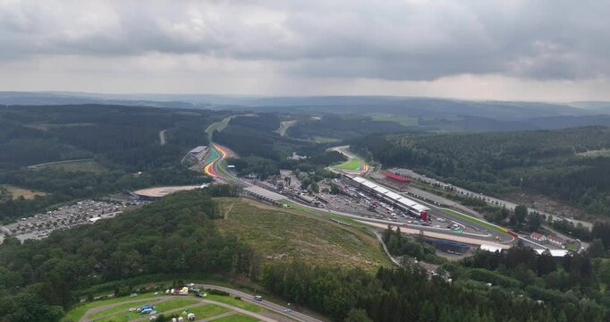 Race track in the Belgian Ardennes, near the village of Spa, motorsports, aerial overview.
