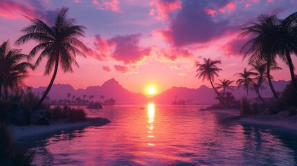 Stunning desert sunset reflecting on calm water with mountains in the background
