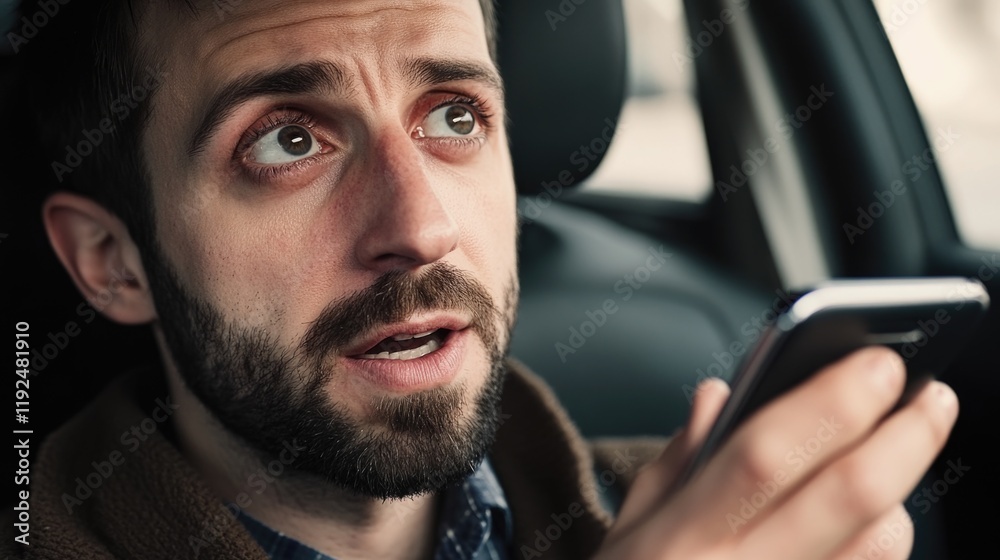 Poster a person sitting in a vehicle checking their mobile device, possibly for directions or messages