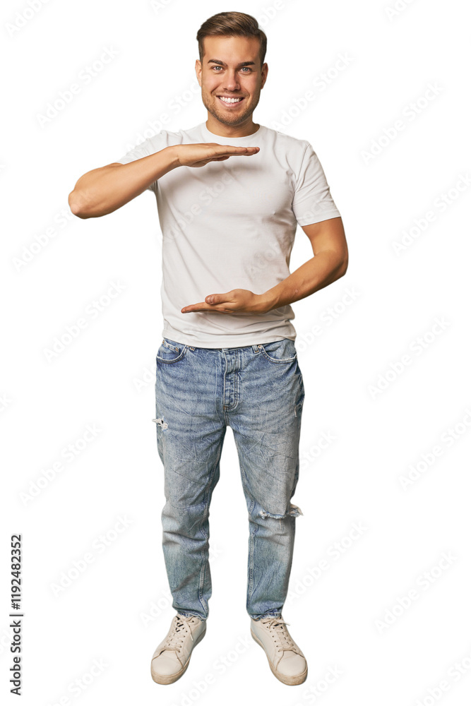 Wall mural Full body portrait of a man in studio holding something with both hands, product presentation.