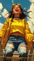 Joyful woman in cart under sky, enjoying shopping spree