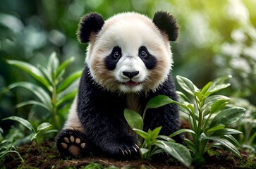 Obraz premium Playful baby panda explores a lush green jungle, surrounded by vibrant plants.