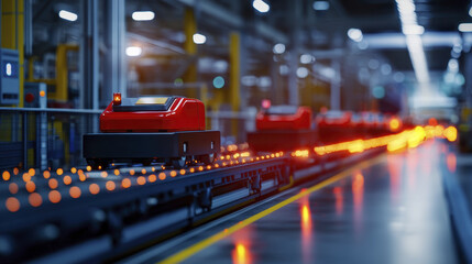 Automated warehouse with red transport vehicles on conveyor belt, showcasing advanced logistics technology and efficiency