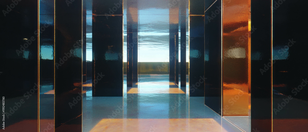 Poster reflected light plays across surreal mirrored surfaces in an architectural corridor