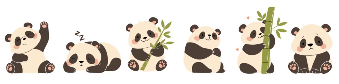 A set of flat vector illustrations in a simple children's style. Cute pandas in different poses. Sleeping, with bamboo, funny and sad on a white background . Vector illustration