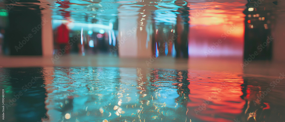Poster Reflective surfaces create abstract shapes and textures in colorful urban environment
