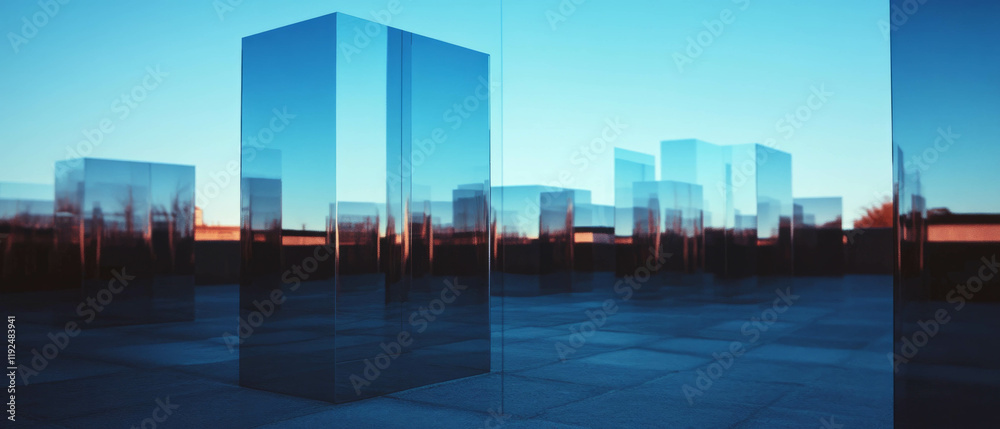 Aufkleber reflective surfaces generating abstract shapes and intriguing visual depth at twilight