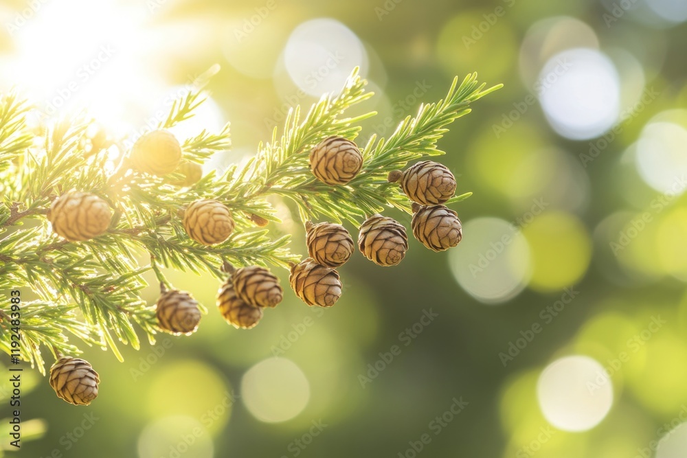 Poster a group of pine cones hanging from a tree branch, surrounded by lush foliage