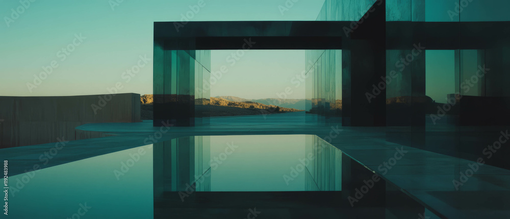 Poster Reflective surfaces create abstract shapes with visual depth in a serene environment