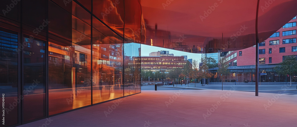 Poster Reflective surfaces create captivating abstract patterns in urban setting during twilight