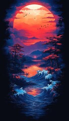 Obraz premium Kayaker paddling tranquil river at sunset, birds flying, mountain backdrop