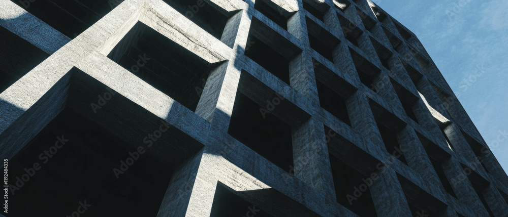 Poster structured architectural facade showcasing repeating windows and grid patterns under blue sky