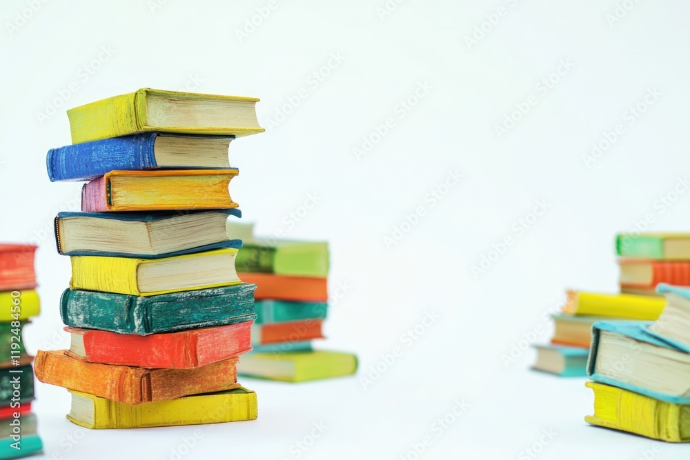 Poster a stack of books piled high on top of each other, with some books hanging off the edge