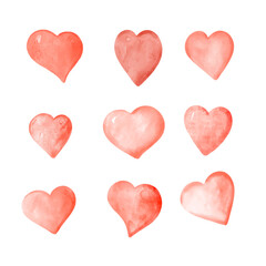 Red watercolor hears set. Weddings, Valentines Day decoration design element.