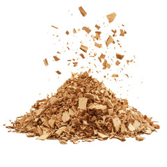 Pile of Wood Chippings Falling in Air on White Background with Transparency Effect