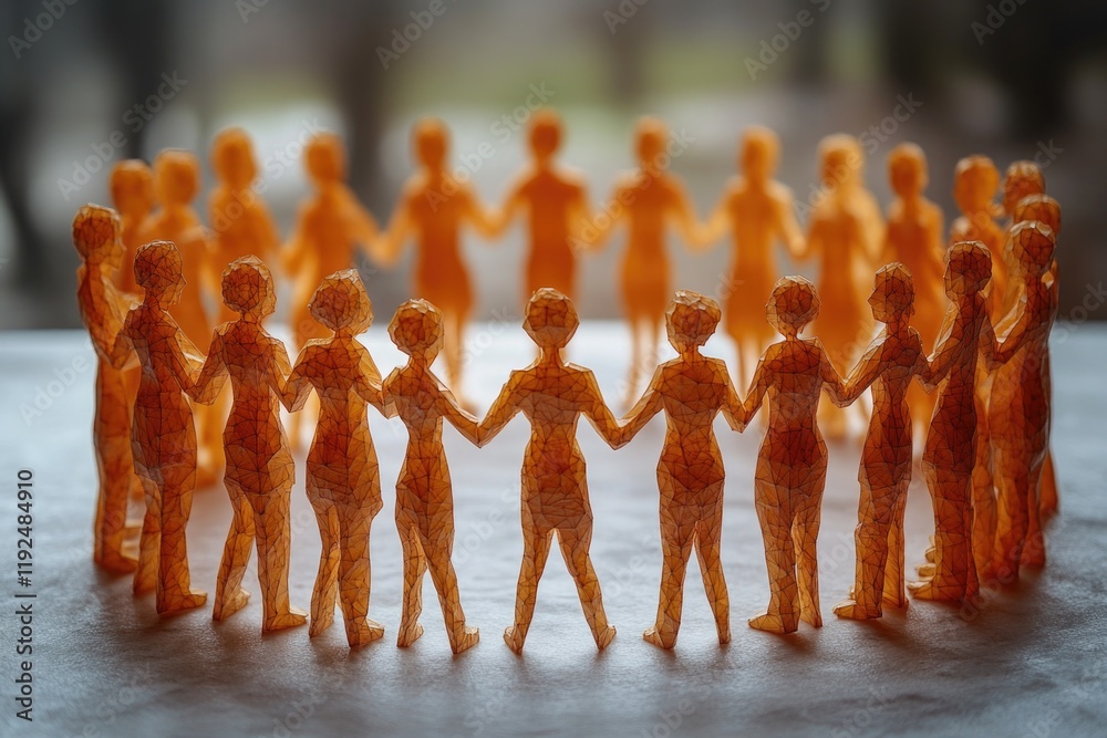 Wall mural Group of small orange figurines grasping each other's hands, representing friendship or unity