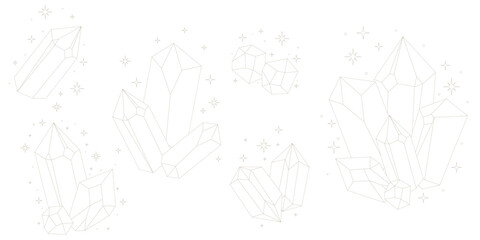 Crystal thin line set. Simple magical crystal black contour symbol. Witchy.