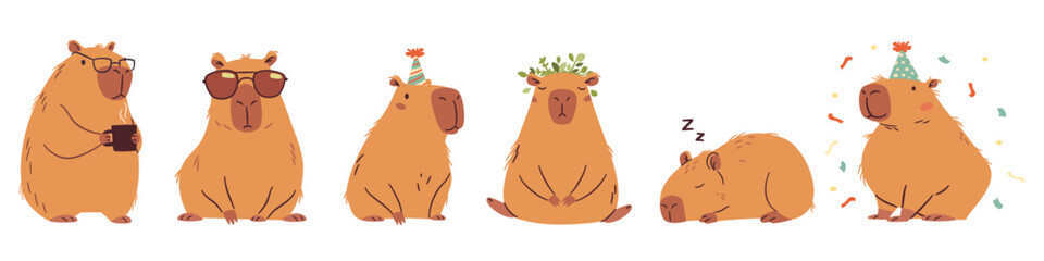 A set of flat vector illustrations in a simple children's style. Cute capybaras in different poses, meditates, wearing sunglasses, office worker and others . Vector illustration