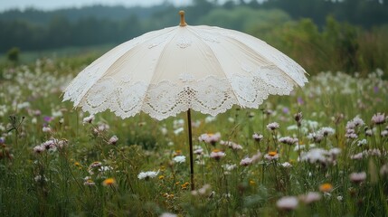 Elegant lace umbrella in a vibrant flower field during a serene afternoon