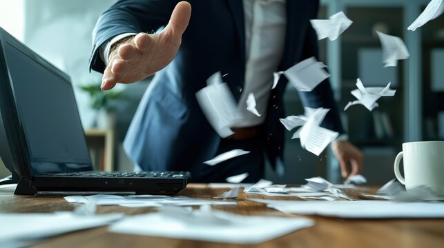 A man in a business suit kicking an outdated desktop PC, the office desk shaking with papers and coffee mugs tipping over