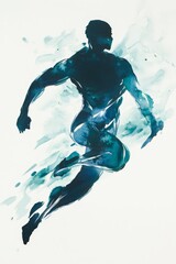 Runner in dynamic motion depicted in vibrant watercolor style, capturing energy and movement in sports illustration. Concept of fitness, speed and athleticism.