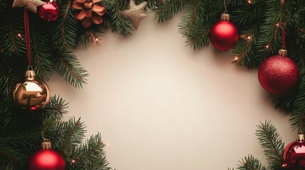  Christmas-themed background with trees and  red and gold balls decorations