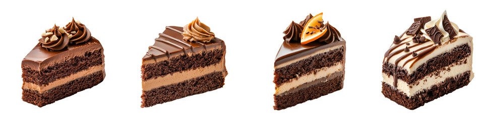 Chocolate cake isolated on white background. Collection Set Png.