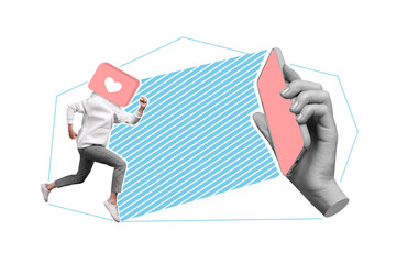 Collage 3d image of pinup pop retro sketch of lady like instead of head running modern device screen isolated painting background