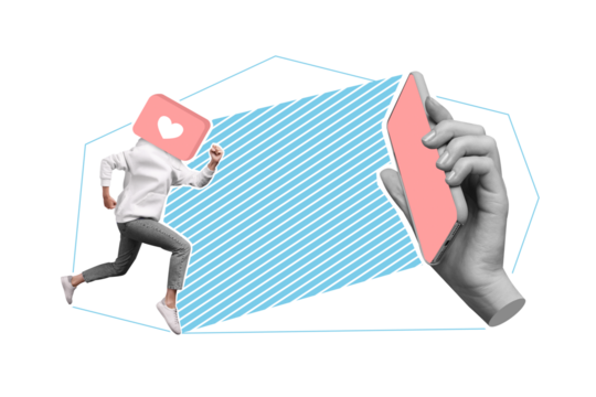 Collage 3d image of pinup pop retro sketch of lady like instead of head running modern device screen isolated painting background