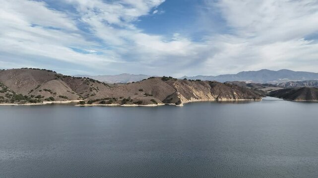 Drone flight over Cachuma Lake in Santa Barbara County in the morning.