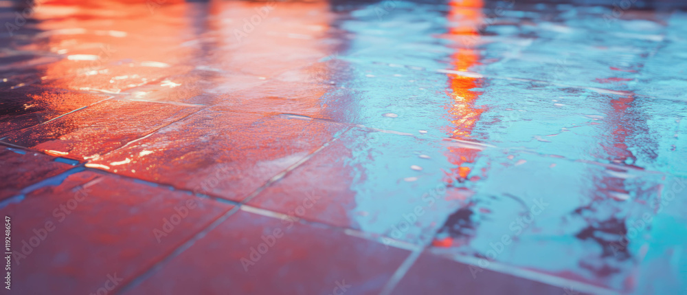 Poster shiny enamel surfaces reflecting vibrant colors and light in a wet environment