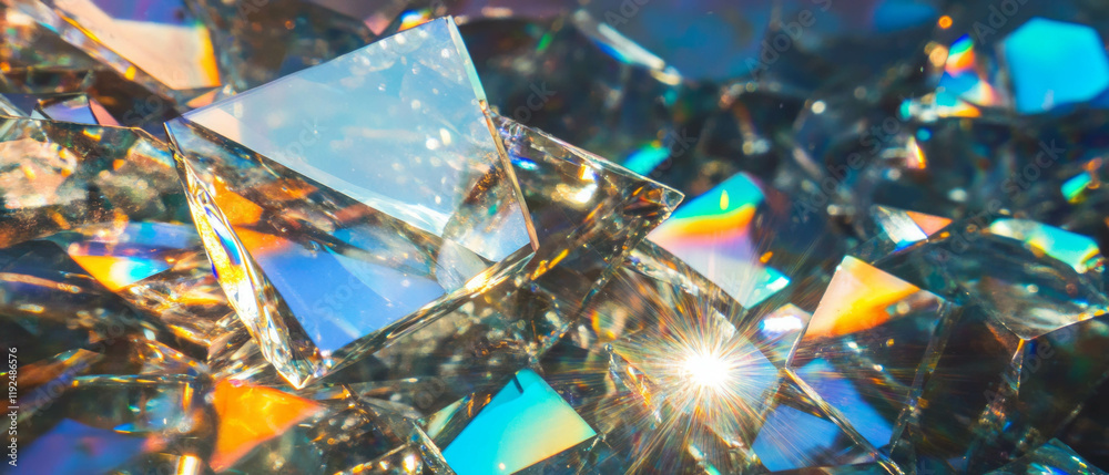 Poster shiny glass fragments creating vibrant reflections and crystalline patterns in bright light