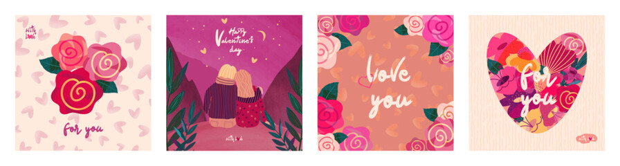 Set of postcards for Valentine's Day. Couple in love, heart, flowers. Square, watercolor texture.