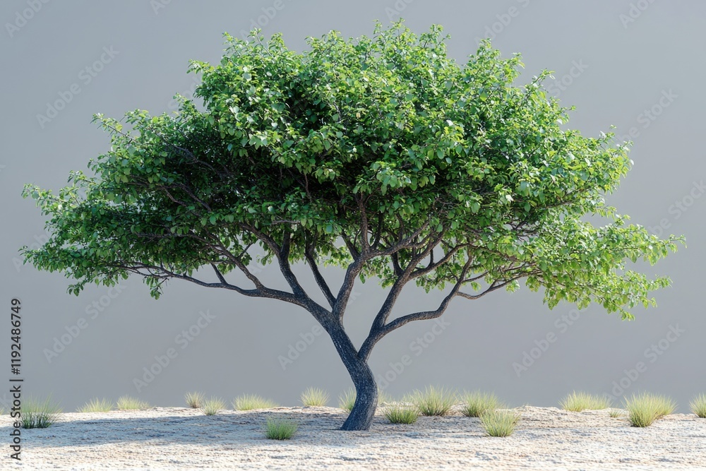 Poster a single tree stands alone in the middle of the desert, surrounded by sandy dunes