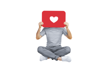 Creative photo collage of headless funny guy addicted from social media sitting hold postcard like isolated on blue color background