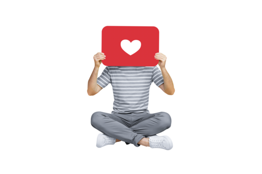Creative photo collage of headless funny guy addicted from social media sitting hold postcard like isolated on blue color background