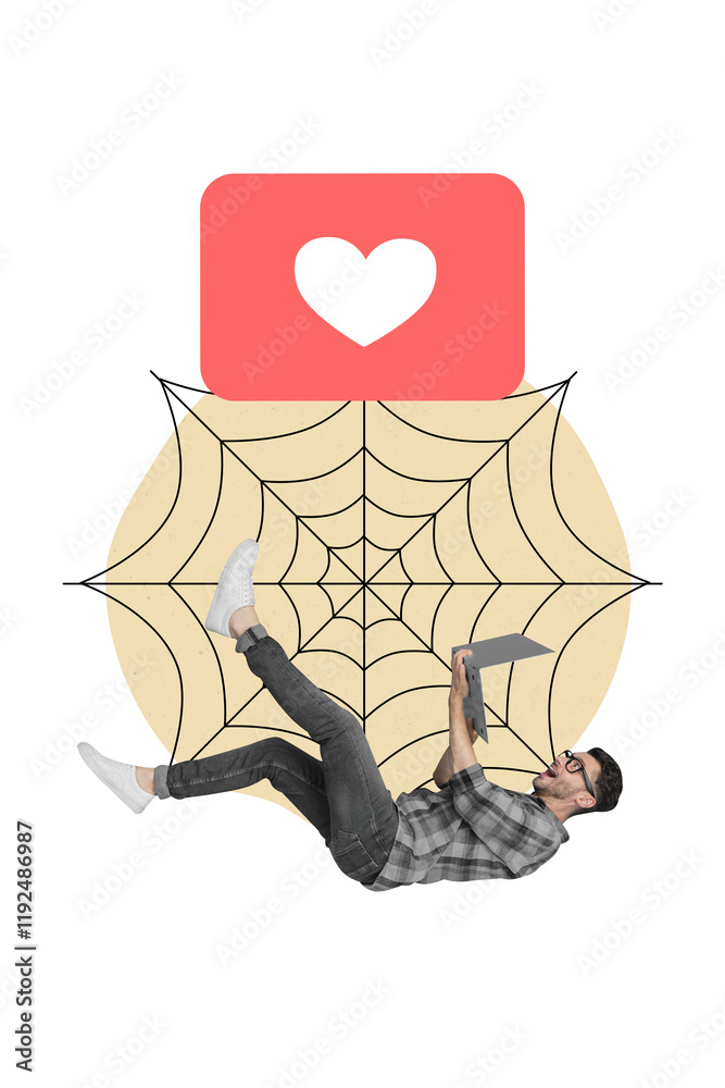 Aufkleber vertical creative collage photo of handsome guy share likes in social media network world wide web i